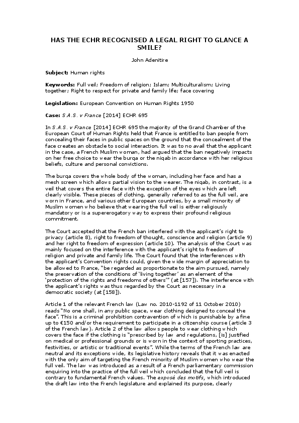 (DOC) SAS v France Has the ECHR recognised a legal right to glance at