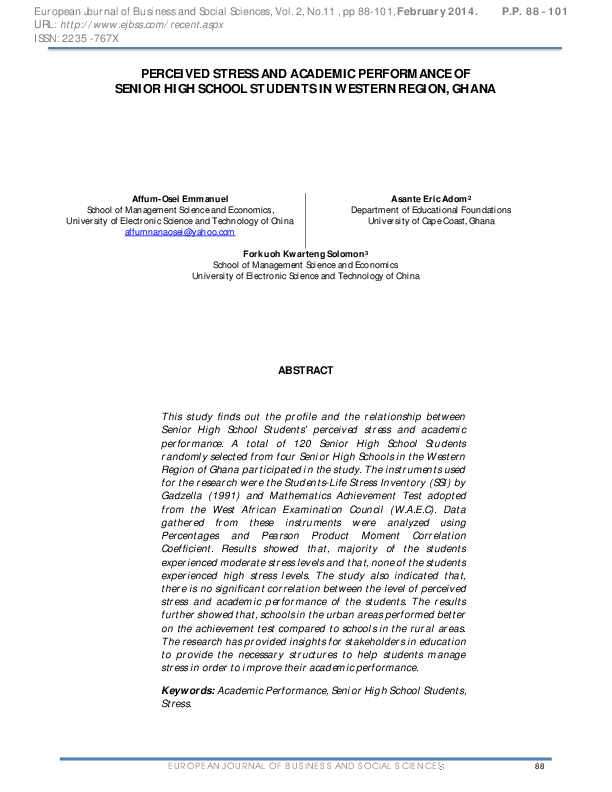 (PDF) PERCEIVED STRESS AND ACADEMIC PERFORMANCE OF SENIOR HIGH SCHOOL ...