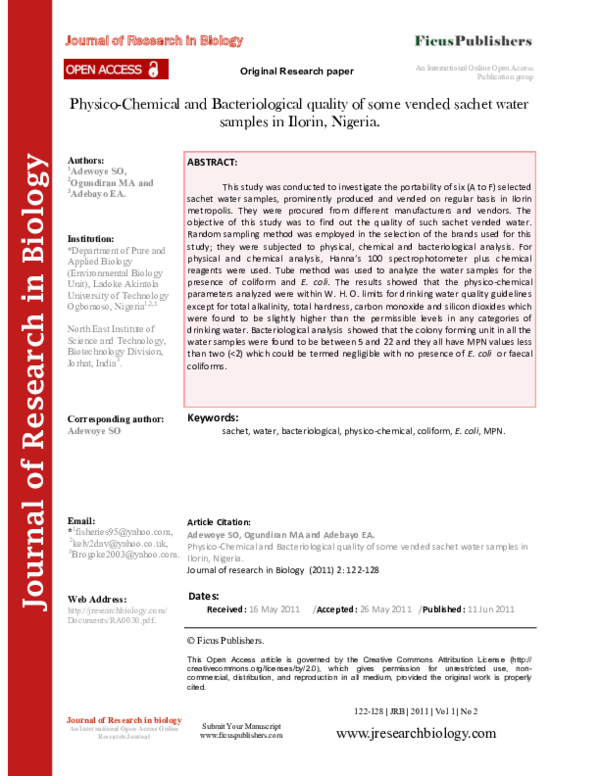 (PDF) PhysicoChemical and Bacteriological quality of some vended