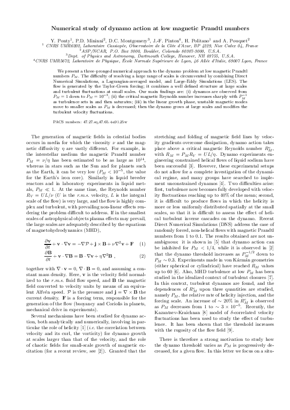 (PDF) Numerical Study of Dynamo Action at Low Magnetic Prandtl Numbers