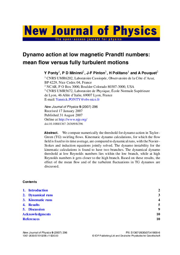 (PDF) Dynamo action at low magnetic Prandtl numbers: mean flow versus ...