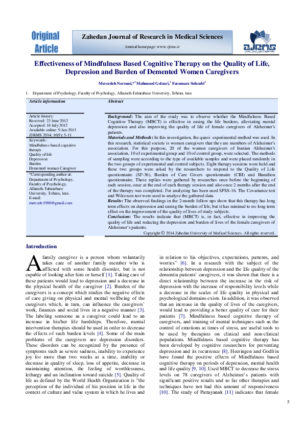 (PDF) Effectiveness of Mindfulness Based Cognitive Therapy on the ...