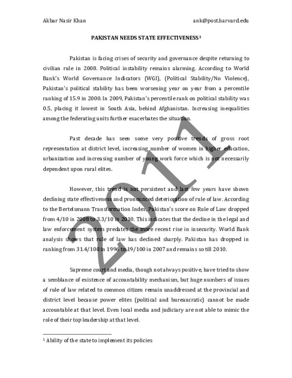 Pakistan Needs State Effectiveness (2011)