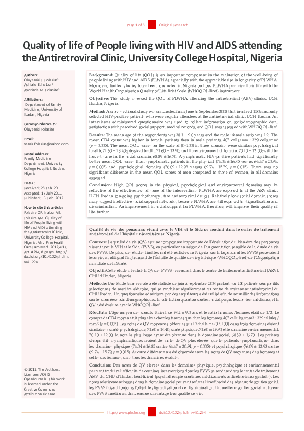 (PDF) Quality of life of People living with HIV and AIDS attending the ...