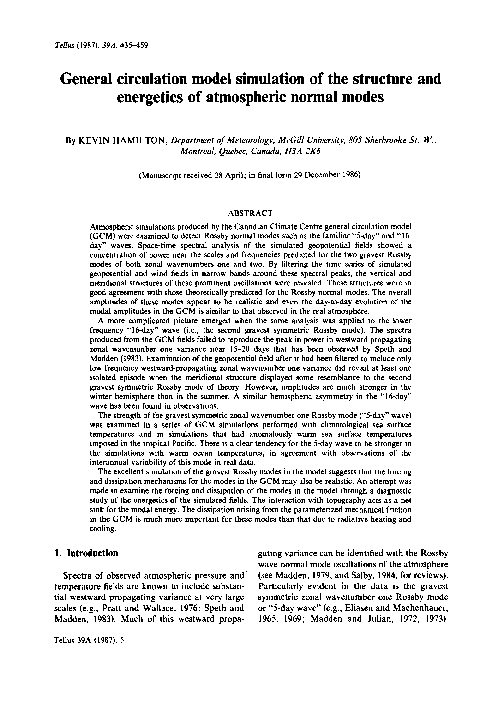 General Circulation Model Simulation of the Structure and Energetics of ...