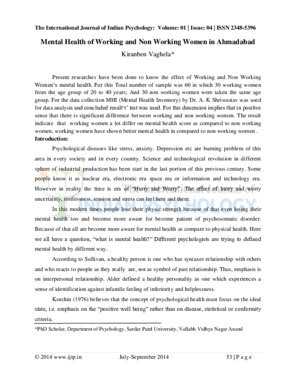 (PDF) Mental Health of Working and Non Working Women in Ahmadabad by