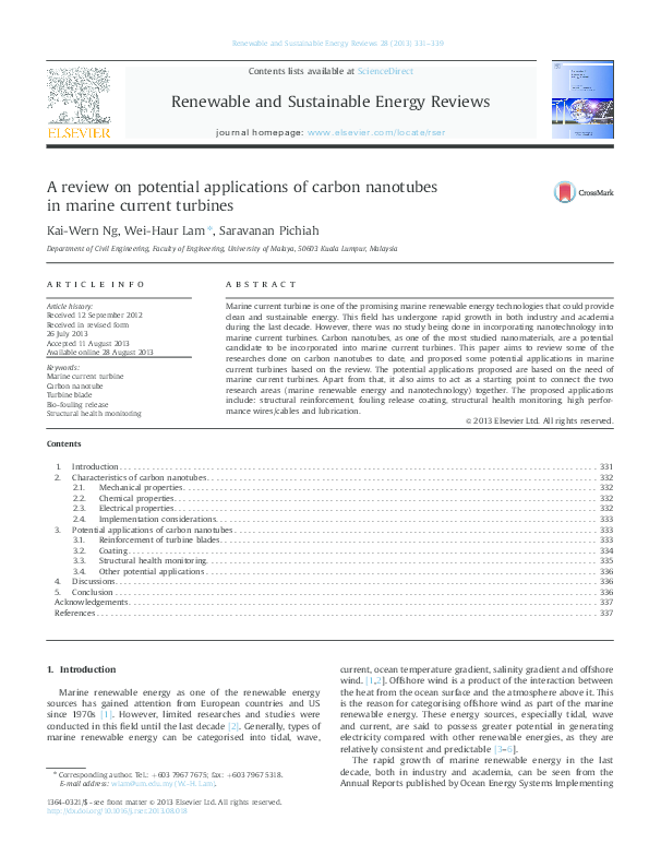 (PDF) A review on potential applications of carbon nanotubes in marine ...