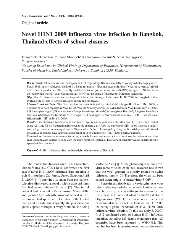 (PDF) Novel H1N1 2009 influenza virus infection in Bangkok, Thailand ...