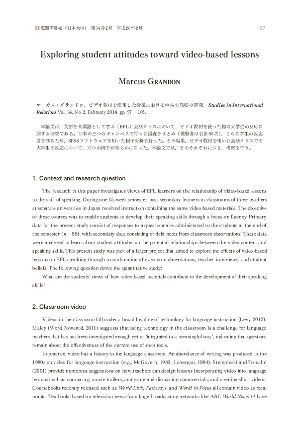  Grandon (2014) Exploring student attitudes toward video-based lessons