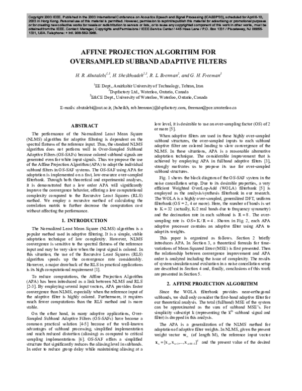 (PDF) Affine projection algorithm for oversampled subband adaptive filters