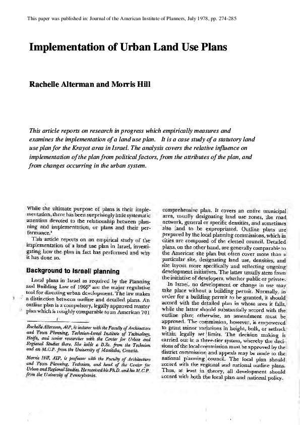 Implementation of Urban Land Use Plans Rachelle Alterman Academia.edu