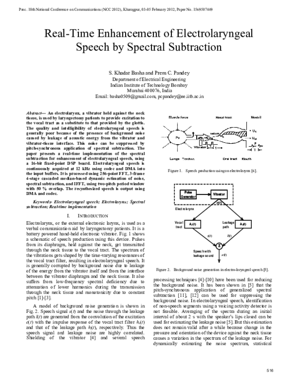 (PDF) RealTime Enhancement of Electrolaryngeal Speech by Spectral