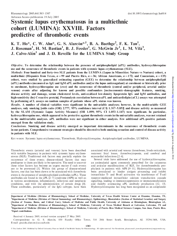 (PDF) Systemic lupus erythematosus in a multiethnic cohort (LUMINA ...