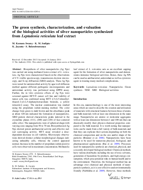 (PDF) The green synthesis, characterization, and evaluation of the ...