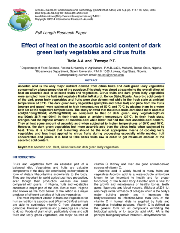 (PDF) Effect of heat on the ascorbic acid content of dark green leafy ...
