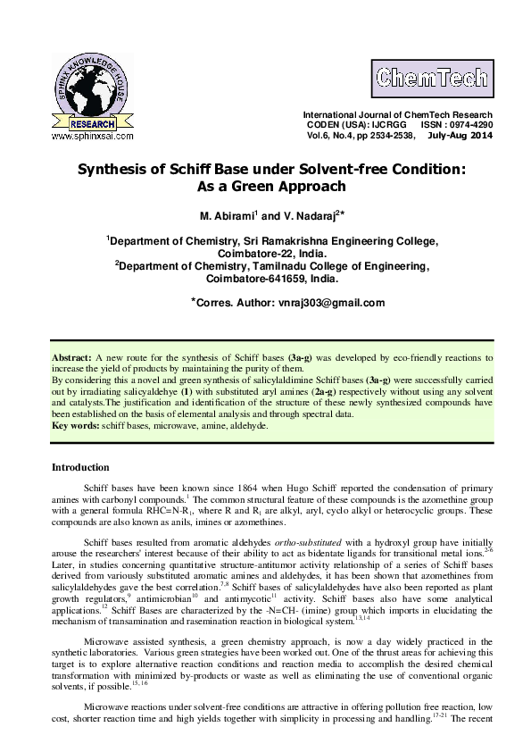 (PDF) Synthesis of Schiff Base under Solvent-free Condition: As a Green ...