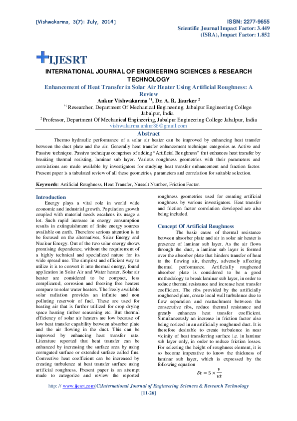 (PDF) Enhancement of Heat Transfer in Solar Air Heater Using Artificial ...