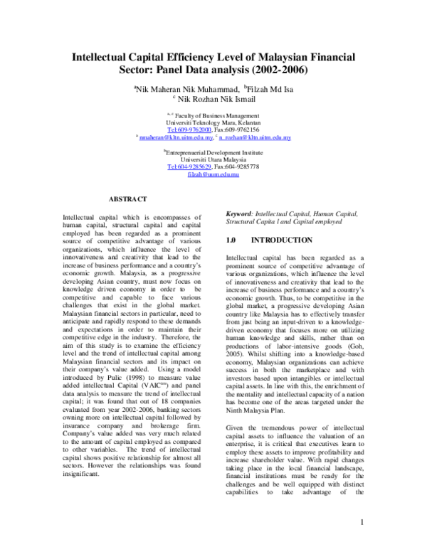 (PDF) Intellectual Capital Efficiency Level of Malaysian Financial ...