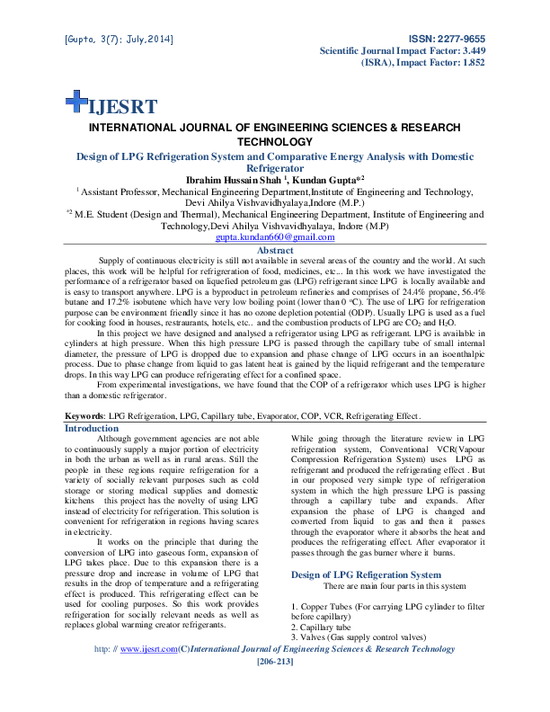 (PDF) Design of LPG Refrigeration System and Comparative Energy