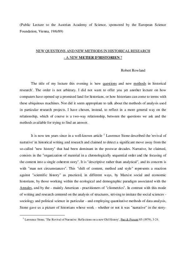New Questions and New Methods in Historical Research A New Métier d'Historien? (1989) Robert
