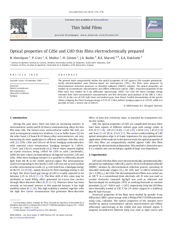 (PDF) Optical properties of CdSe and CdO thin films electrochemically ...