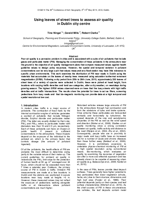 (PDF) Using leaves of street trees to assess air quality in Dublin city