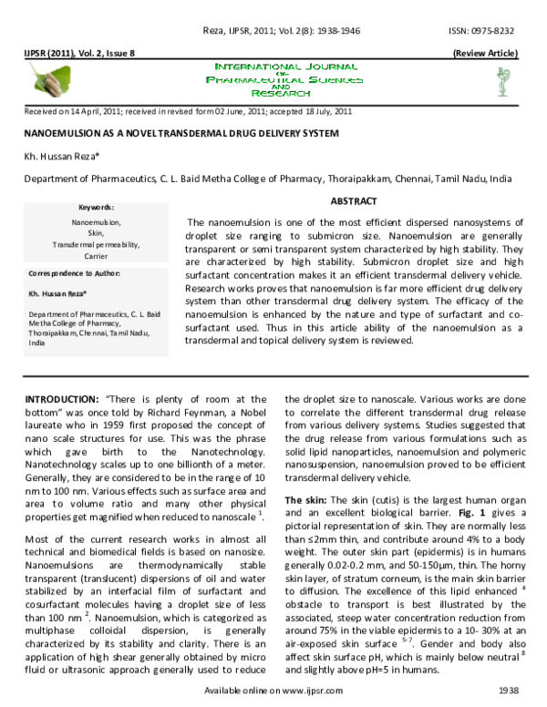 (PDF) NANOEMULSION AS A NOVEL TRANSDERMAL DRUG DELIVERY SYSTEM