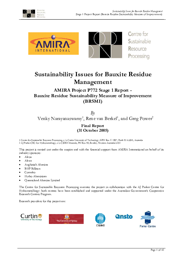(PDF) Sustainability Issues for Bauxite Residue Management