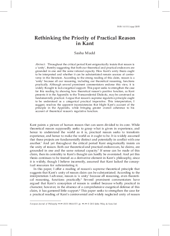 (PDF) Rethinking the Priority of Practical Reason in Kant