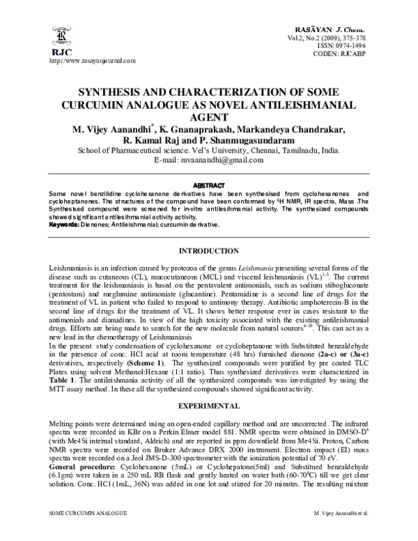 (PDF) SYNTHESIS AND CHARACTERIZATION OF SOME CURCUMIN ANALOGUE AS NOVEL ...