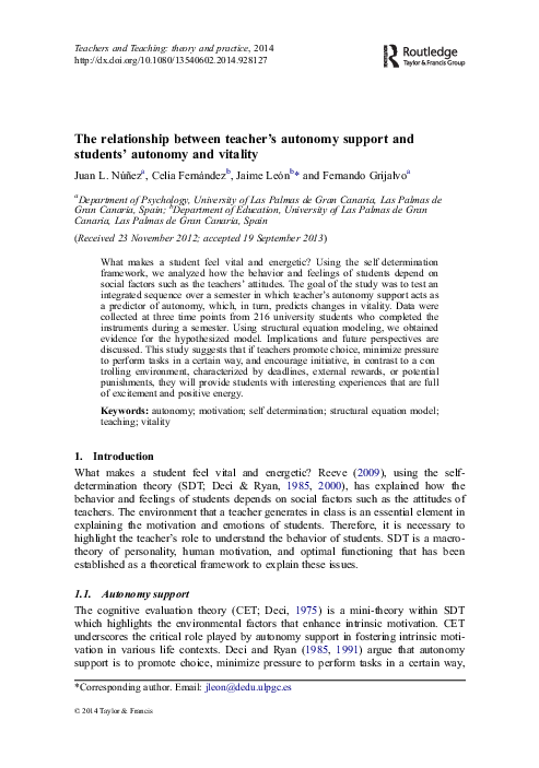 (PDF) The relationship between teacher's autonomy support and students ...