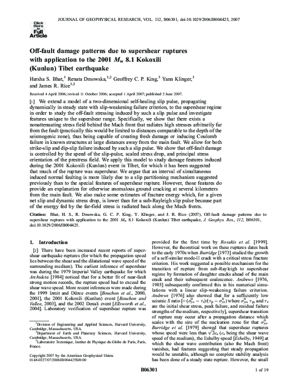 (PDF) OffFault Damage Patterns Due to Supershear Ruptures With