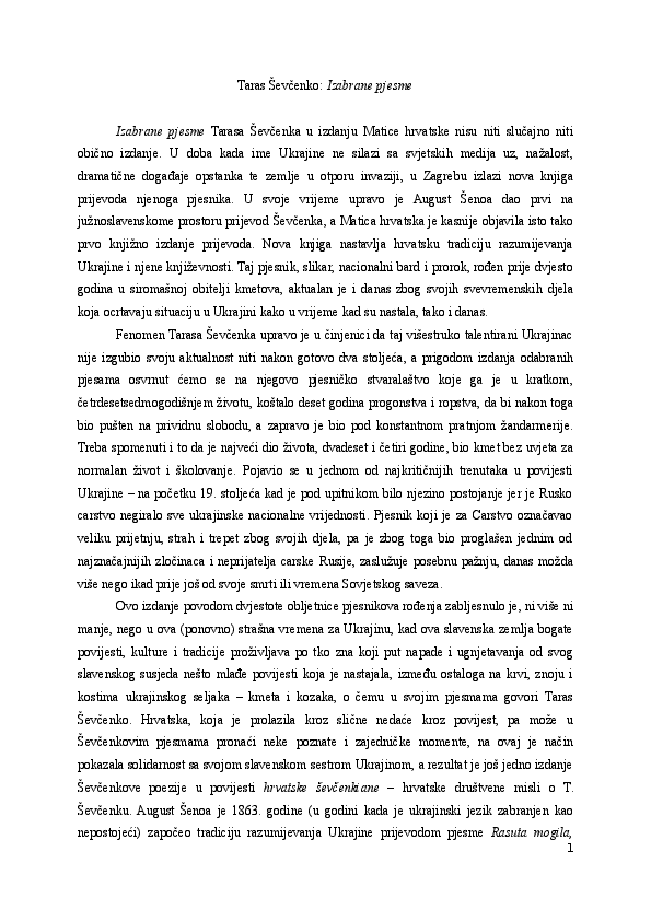 (DOC) Prikaz knjige. Taras Ševčenko: Izabrane pjesme
