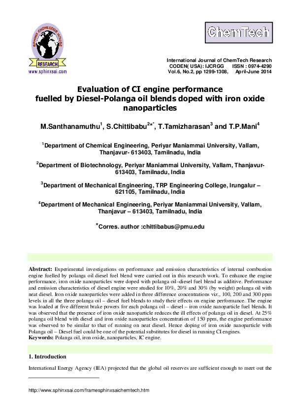 (PDF) Evaluation of CI engine performance fuelled by Diesel-Polanga oil ...