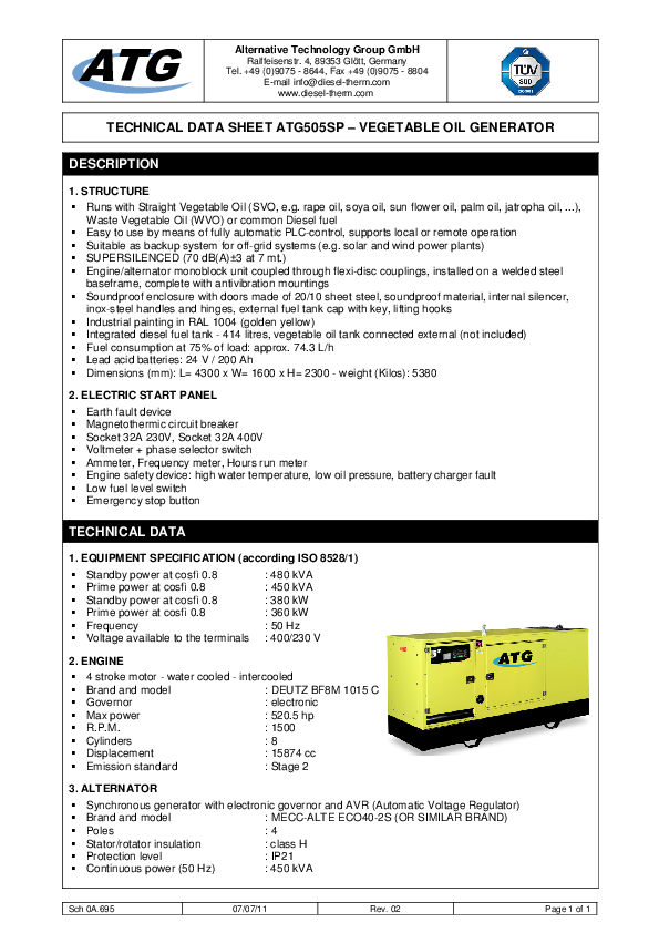 TECHNICAL DATA SHEET ATG505SP VEGETABLE OIL GENERATOR Benny Marbun