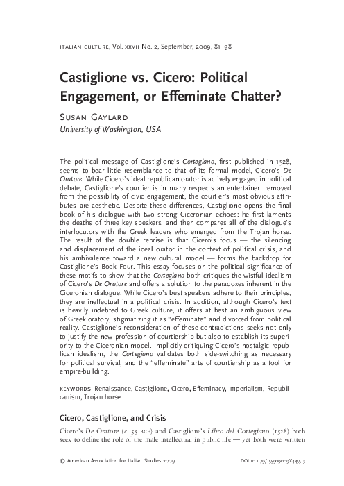 Castiglione vs Cicero: Political Engagement, or Effeminate Chatter?