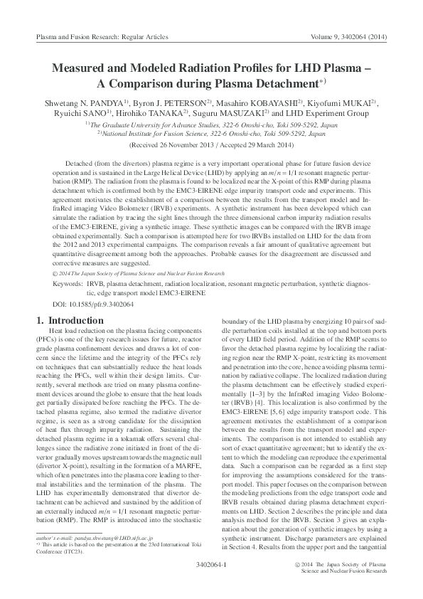 (PDF) Measured and Modeled Radiation Profiles for LHD Plasma – A ...