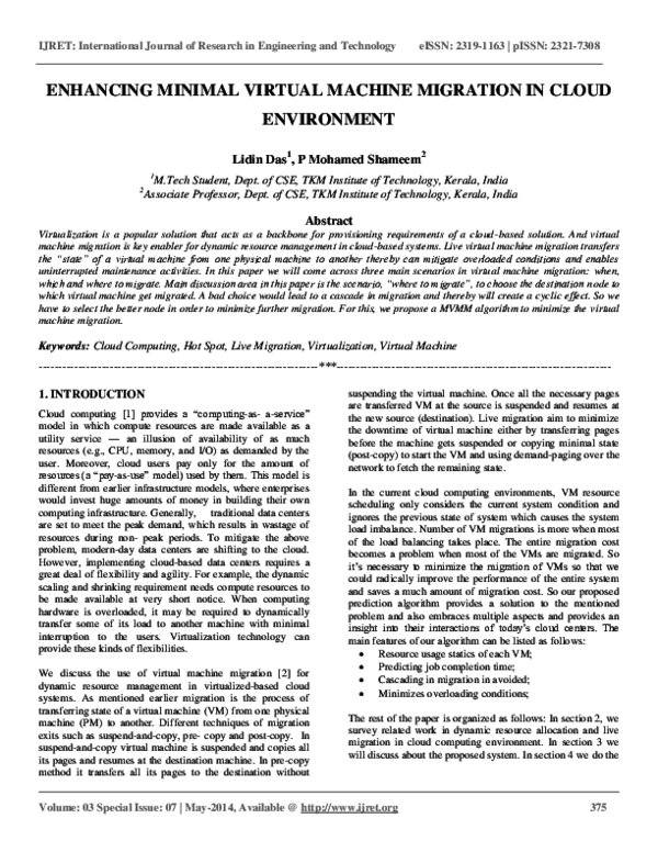 (PDF) ENHANCING MINIMAL VIRTUAL MACHINE MIGRATION IN CLOUD ENVIRONMENT