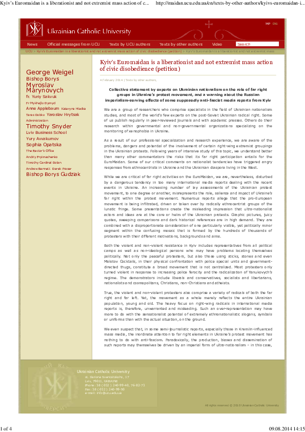 Kyiv’s Euromaidan is a liberationist and not extremist mass action of civic disobedience (petition of February 4th, 2014)