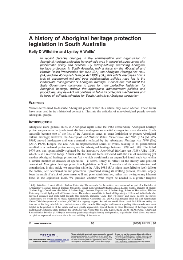 (PDF) A history of Aboriginal heritage protection legislation in South ...