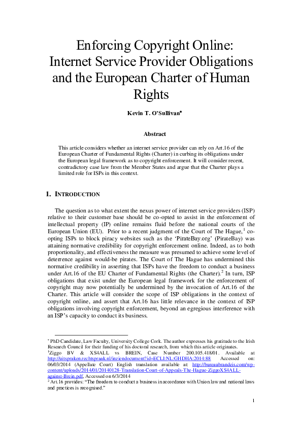 (PDF) (Pre-Print)Enforcing Copyright Online: Internet Service Provider ...