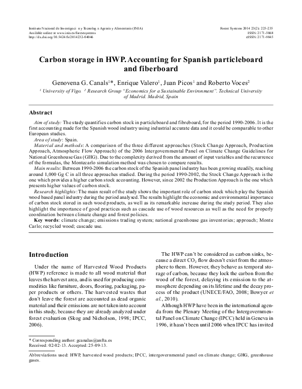 (PDF) Carbon storage in HWP. Accounting for Spanish particleboard and