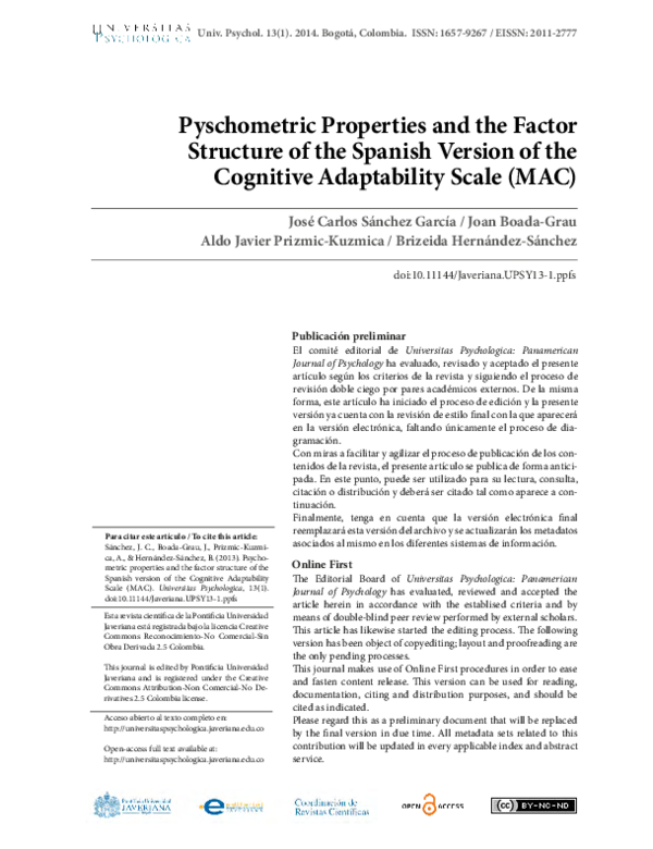 (PDF) Pyschometric properties and the factor structure of the Spanish ...