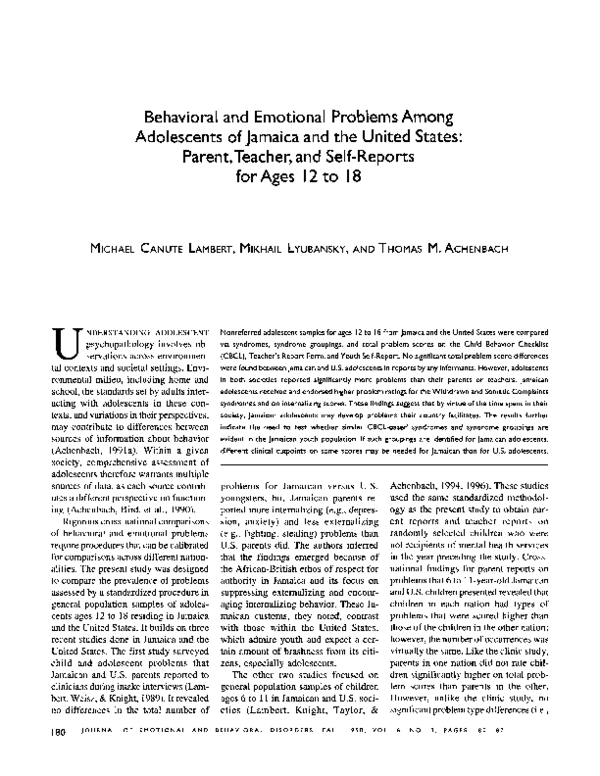 (PDF) Behavioral and Emotional Problems Among Adolescents of Jamaica ...