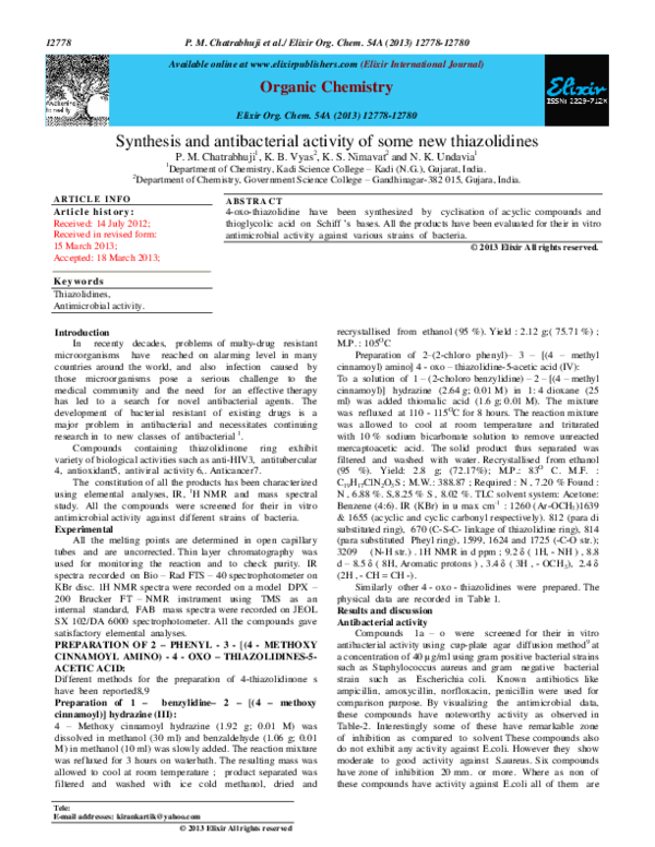 (PDF) Synthesis and antibacterial activity of some new thiazolidines