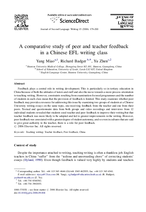 (PDF) A comparative study of peer and teacher feedback in a Chinese EFL ...