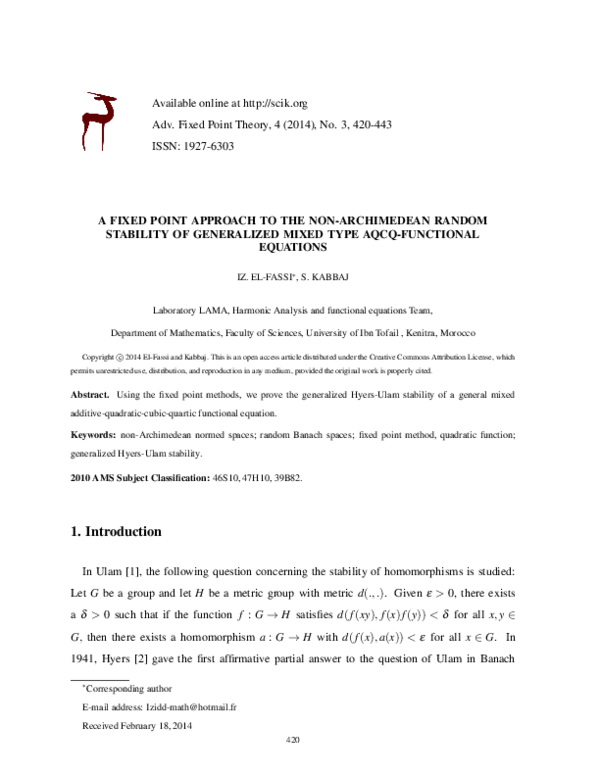 (PDF) A FIXED POINT APPROACH TO THE NON-ARCHIMEDEAN RANDOM STABILITY OF ...
