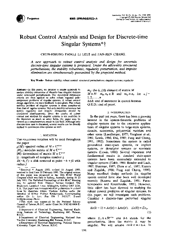 (PDF) Robust Control Analysis and Design for Discrete-time Singular ...
