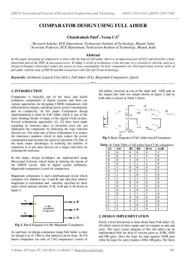 (PDF) COMPARATOR DESIGN USING FULL ADDER Editor IJRET Academia.edu