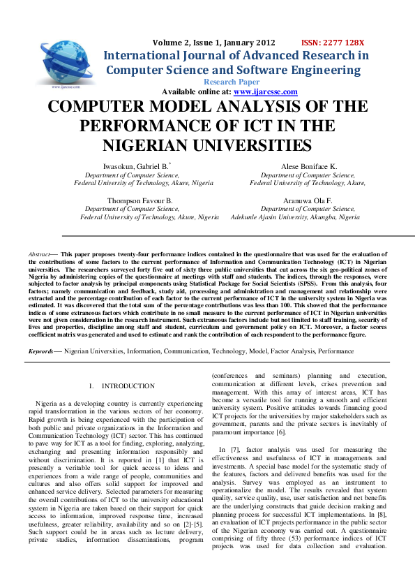(PDF) COMPUTER MODEL ANALYSIS OF THE PERFORMANCE OF ICT IN THE NIGERIAN ...
